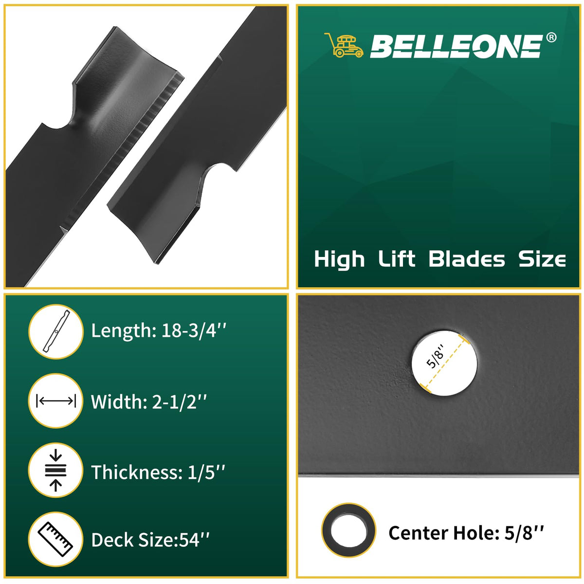 Belleone 038-0005 high-lift blade edge closeup demonstrates precision on dense turf.