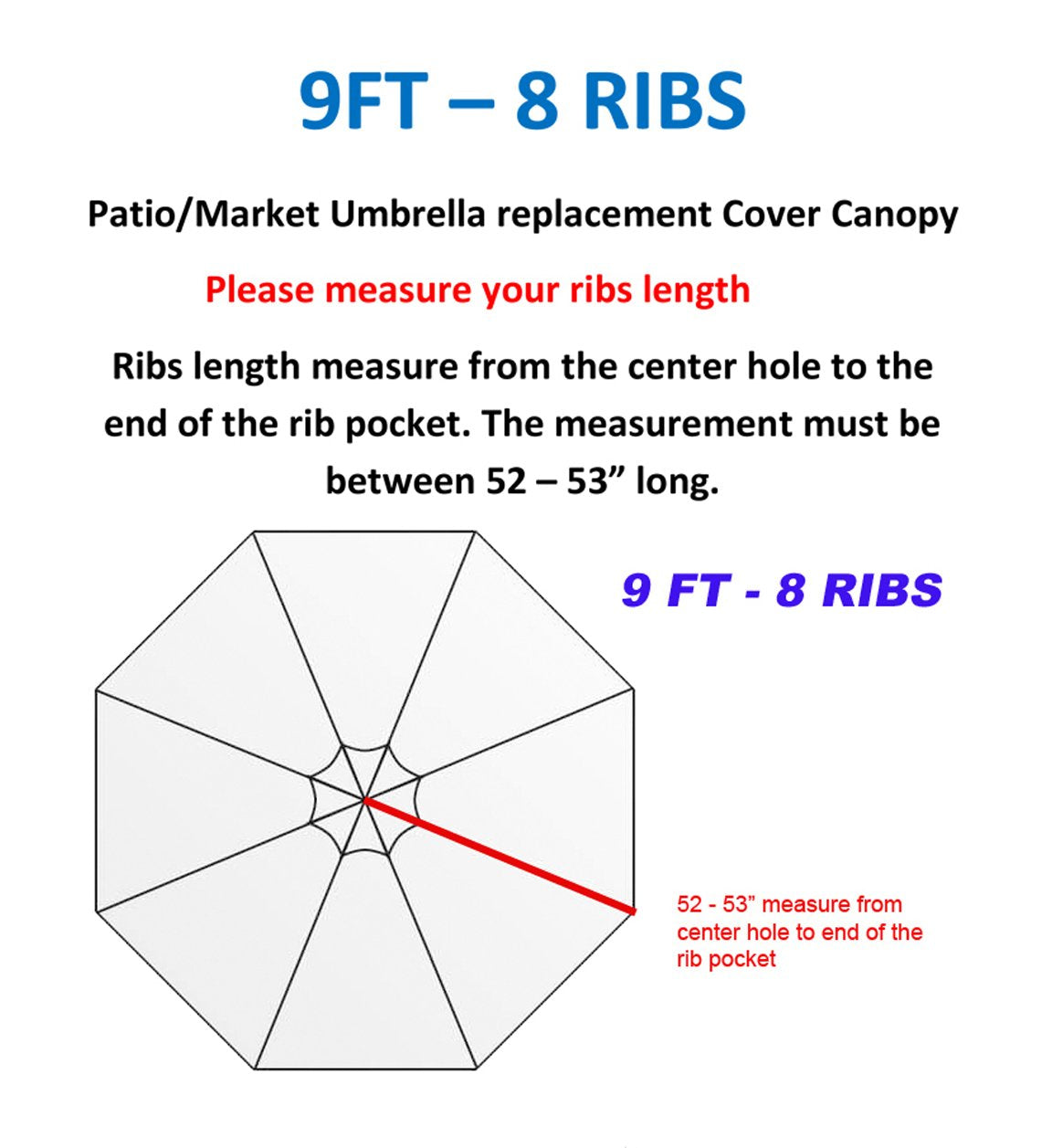 BELLRINO DECRO eight-rib canopy visual shows fit for 9ft umbrellas.