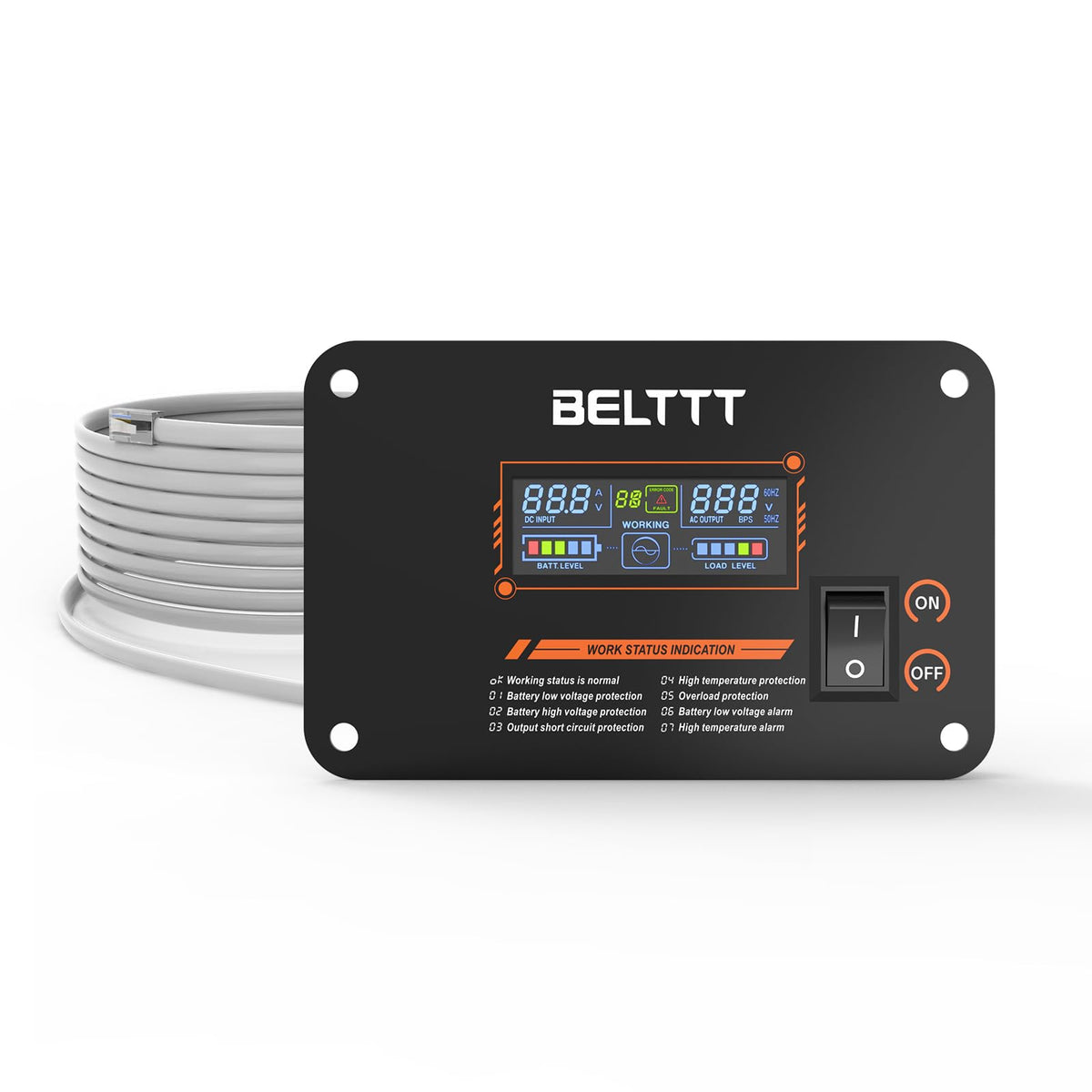 BELTTT remote LCD display front view shows real-time inverter status and readings