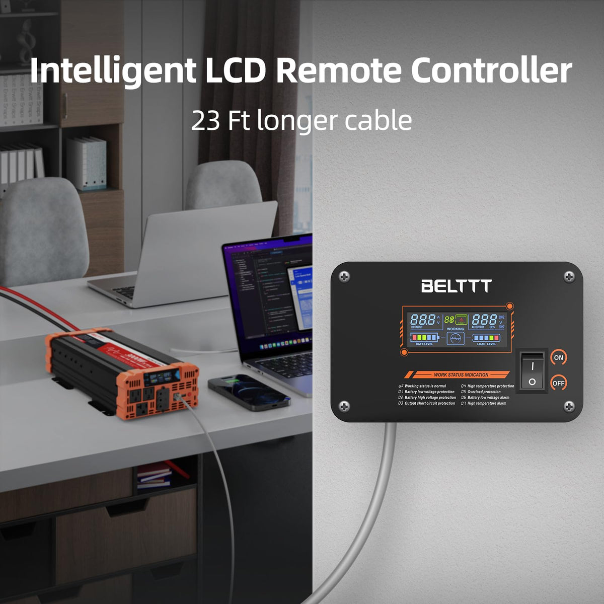 BELTTT remote LCD display side view highlights input/output readings for proactive monitoring