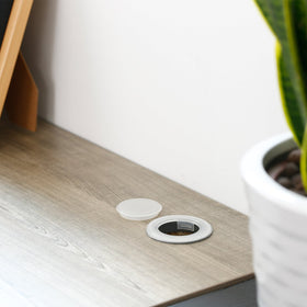 Bememo tempered-glass table compatibility image illustrates 2-inch hole fitment