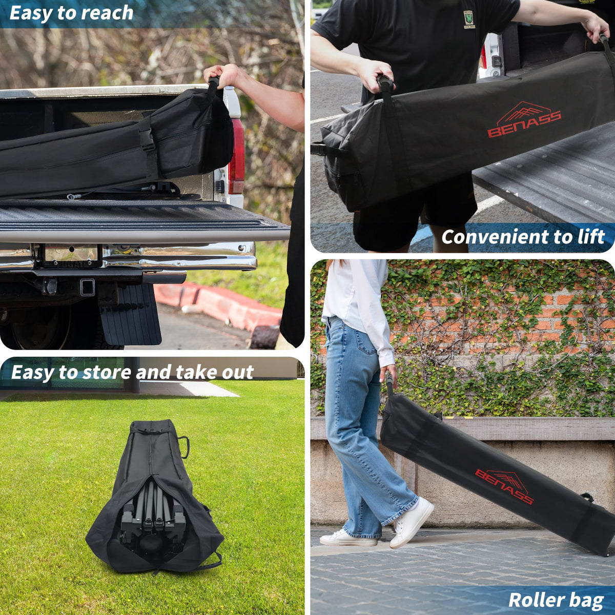 Benass 10x10 pop up canopy in-use setup shows quick assembly solo