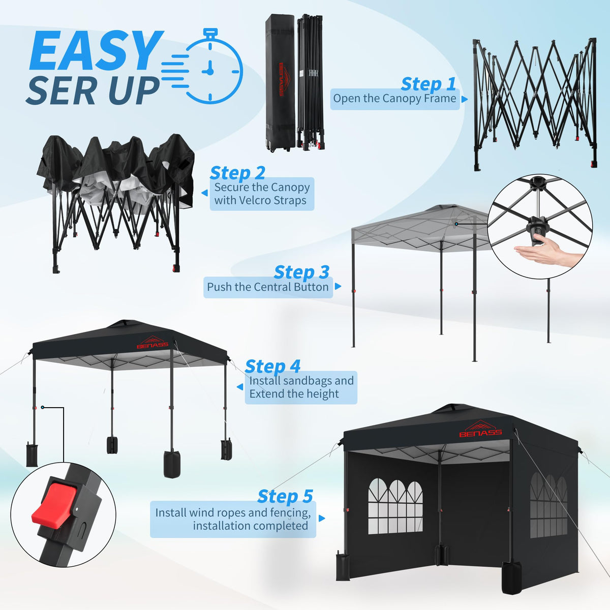 Benass 10x10 canopy interior setup with tables and chairs