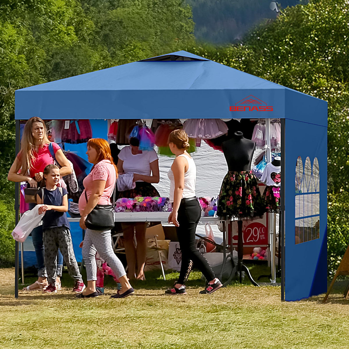 Benass 10x10 pop up canopy packaging illustrates portable design
