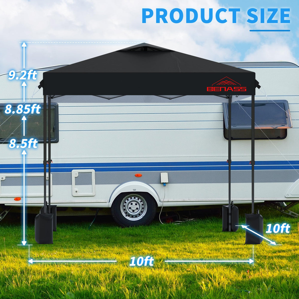 Benass 10x10 canopy side view shows sturdy frame and portability