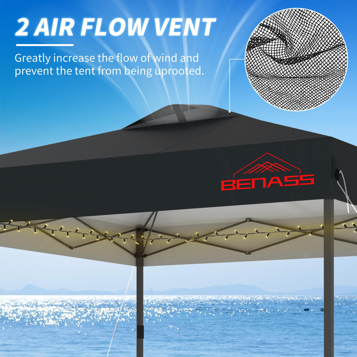 Benass 10x10 canopy top view highlights roomy interior
