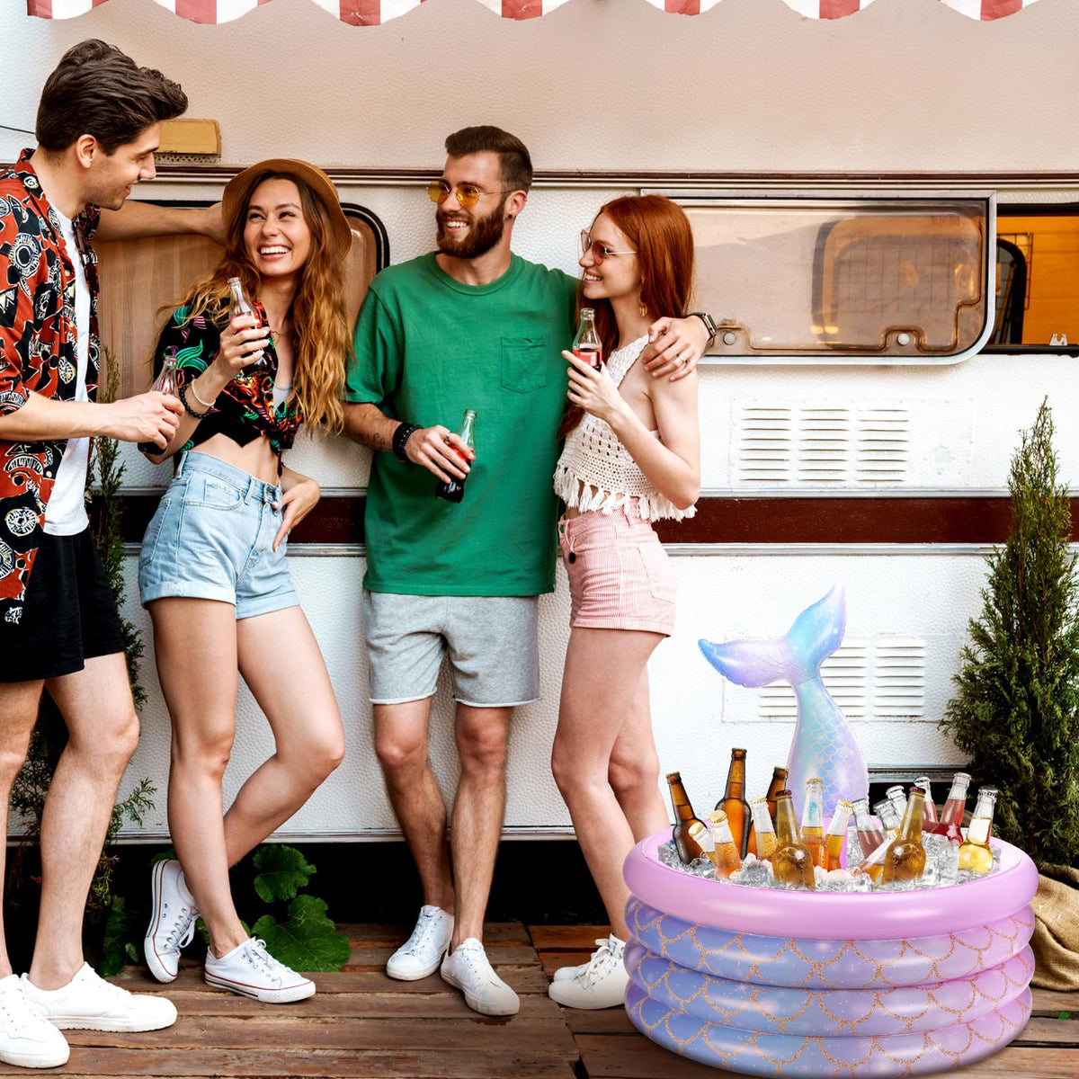 Bencailor portable beverage cooler adds festive flair to beach or picnic events.