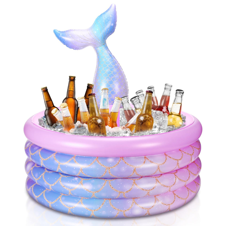 Bencailor mermaid-tail inflatable cooler floating in pool keeps drinks within reach.