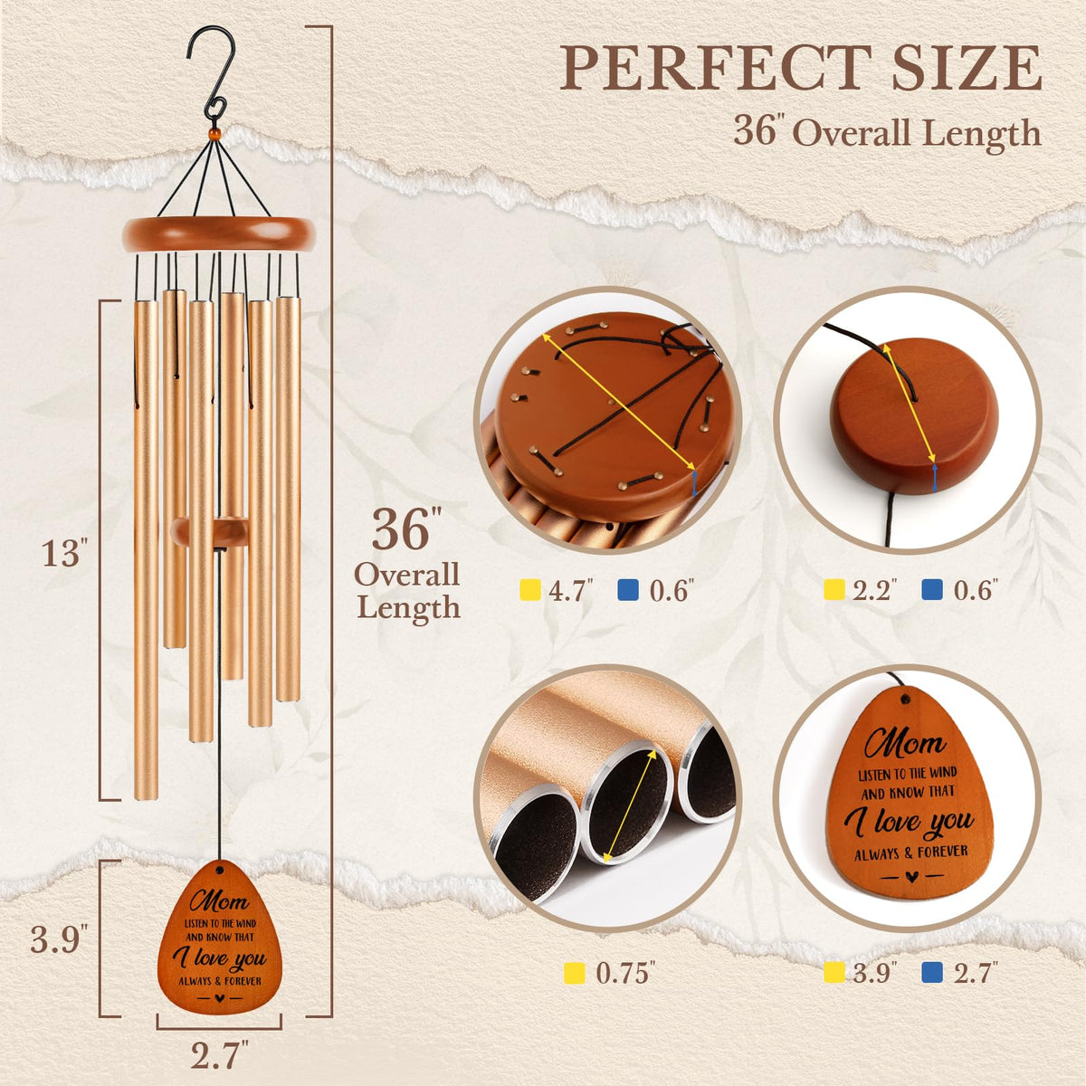 BeneCharm wind chime includes wooden pendants for natural charm.