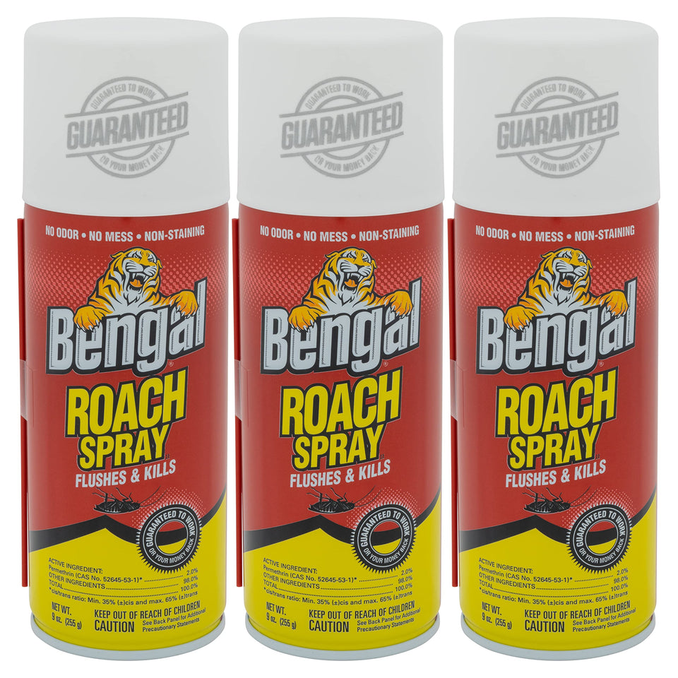 Bengal Roach Spray odorless aerosol can for precise crack-and-crevice treatment.
