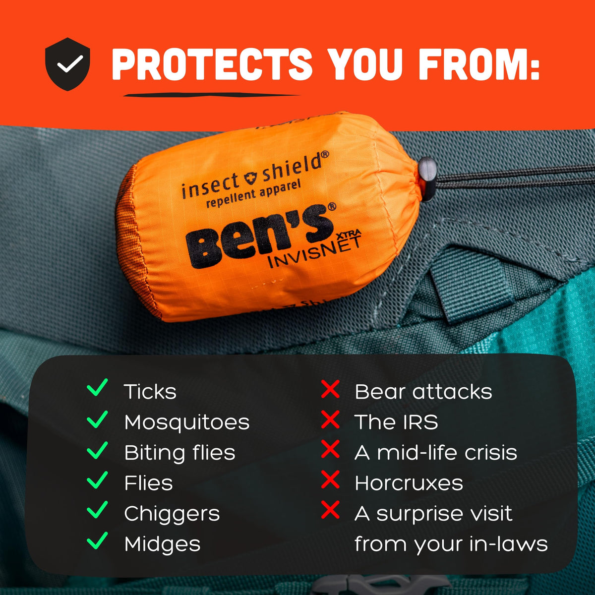 Ben's InvisiNet Xtra packable-sack folds into a compact carry pouch.