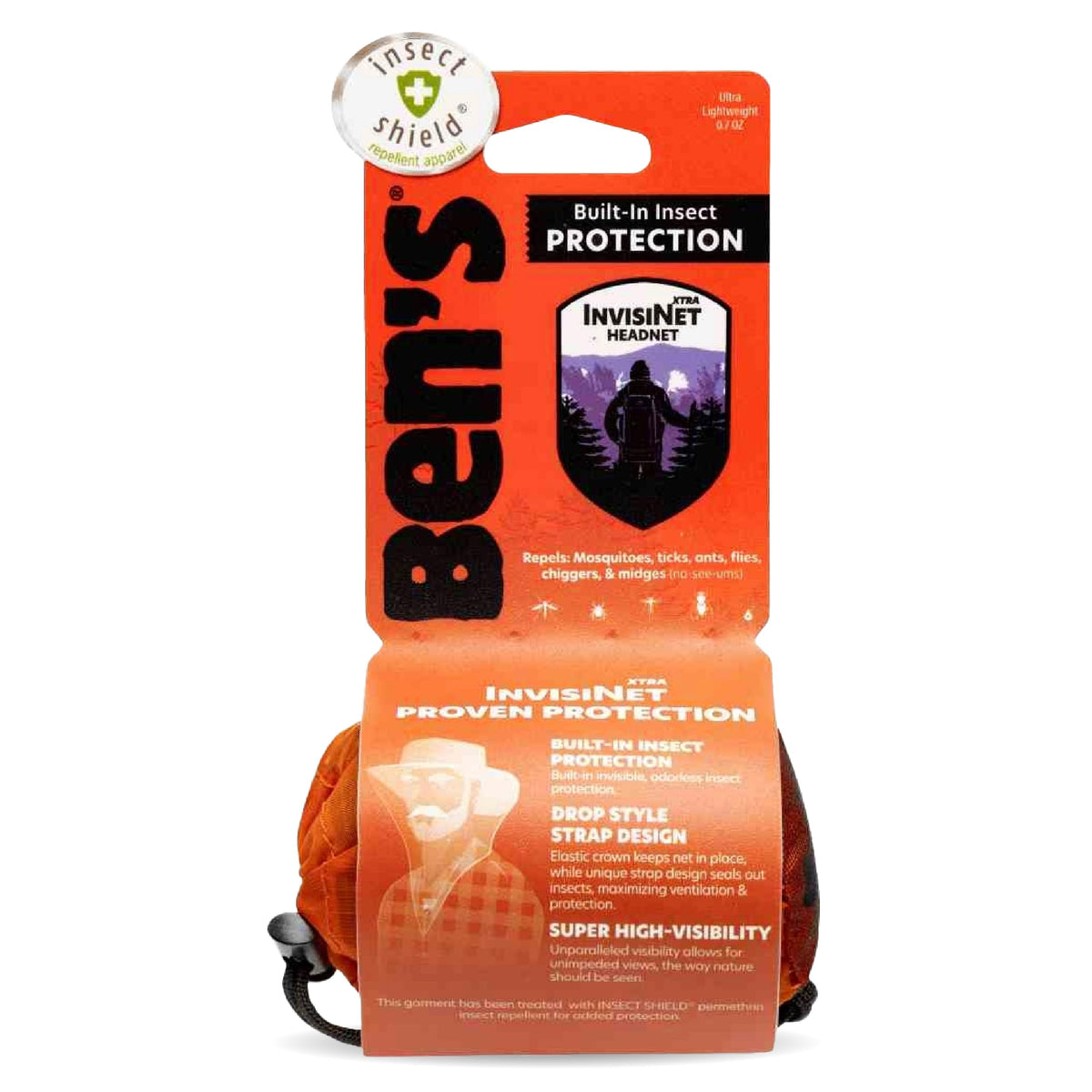 Ben's InvisiNet Xtra vision-mesh provides a clear sightline while repelling insects.