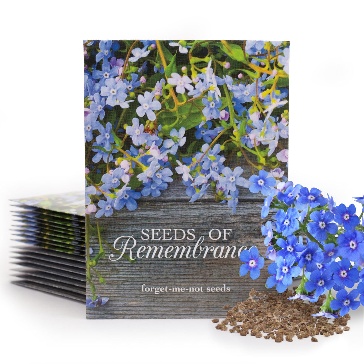 Bentley Seed Co. Forget-Me-Not seed packet showcasing blue blooms for memorial garden
