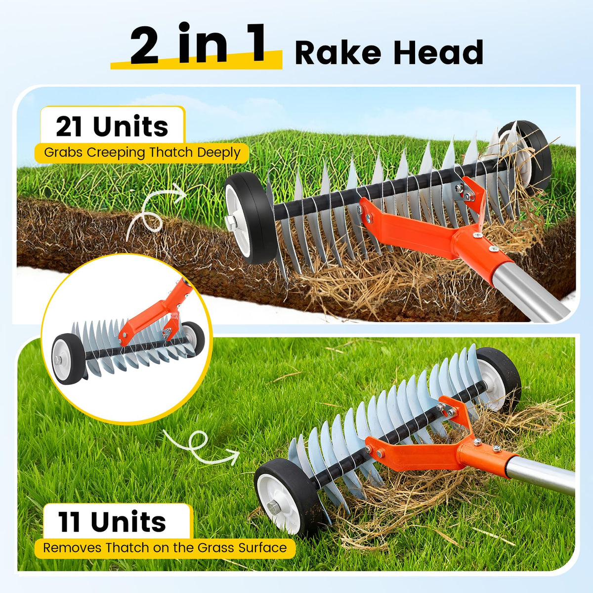 Beolisave dethatcher head with 21 stainless steel tines for deep yet safe thatching