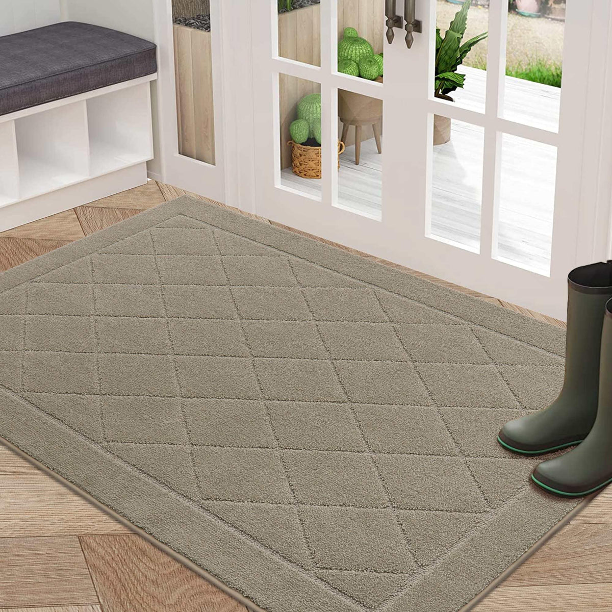 BEQHAUSE Dirt Trapper front door mat in beige with absorbent fibers for entry cleanliness.