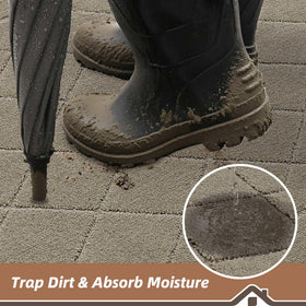Dense, absorbent yarns quickly wick moisture and reduce tracked mud.