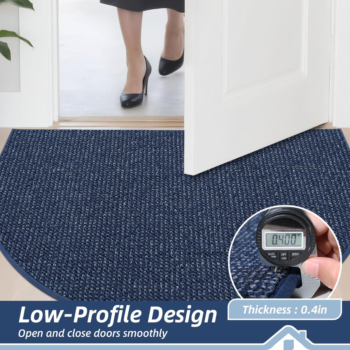 Half-circle BEQHAUSE Dirt Trapper design enhances entryway aesthetics in blue.