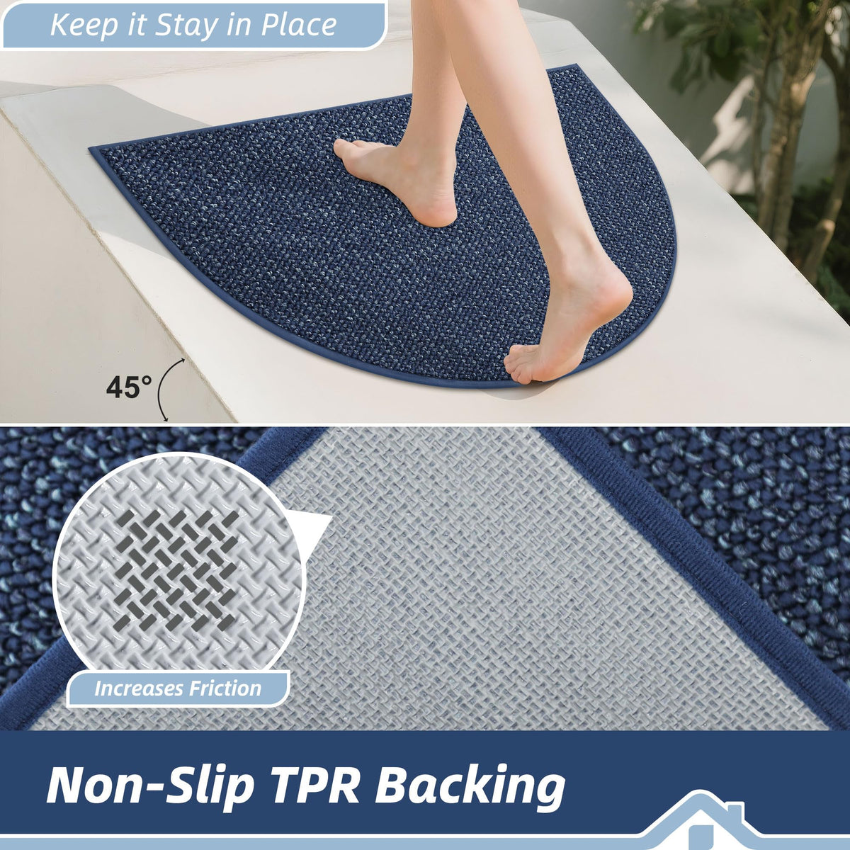 BEQHAUSE Dirt Trapper blue mat shown as washable indoor rug.