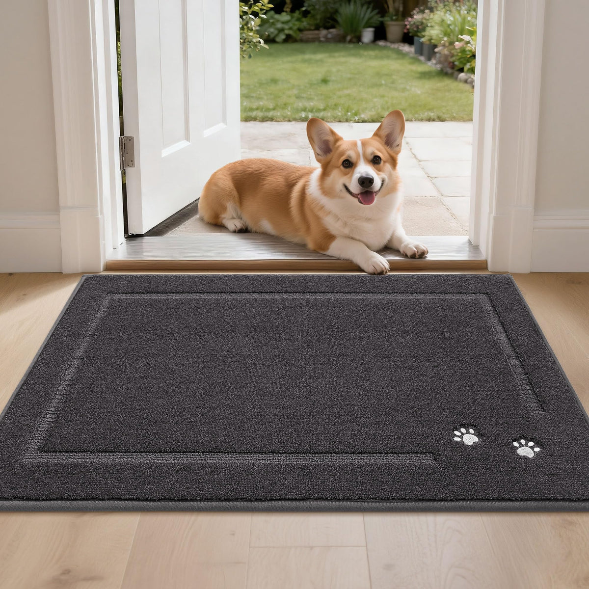 BEQHAUSE dog door mat shows dirt trapper absorbing moisture from muddy paws at the entrance.