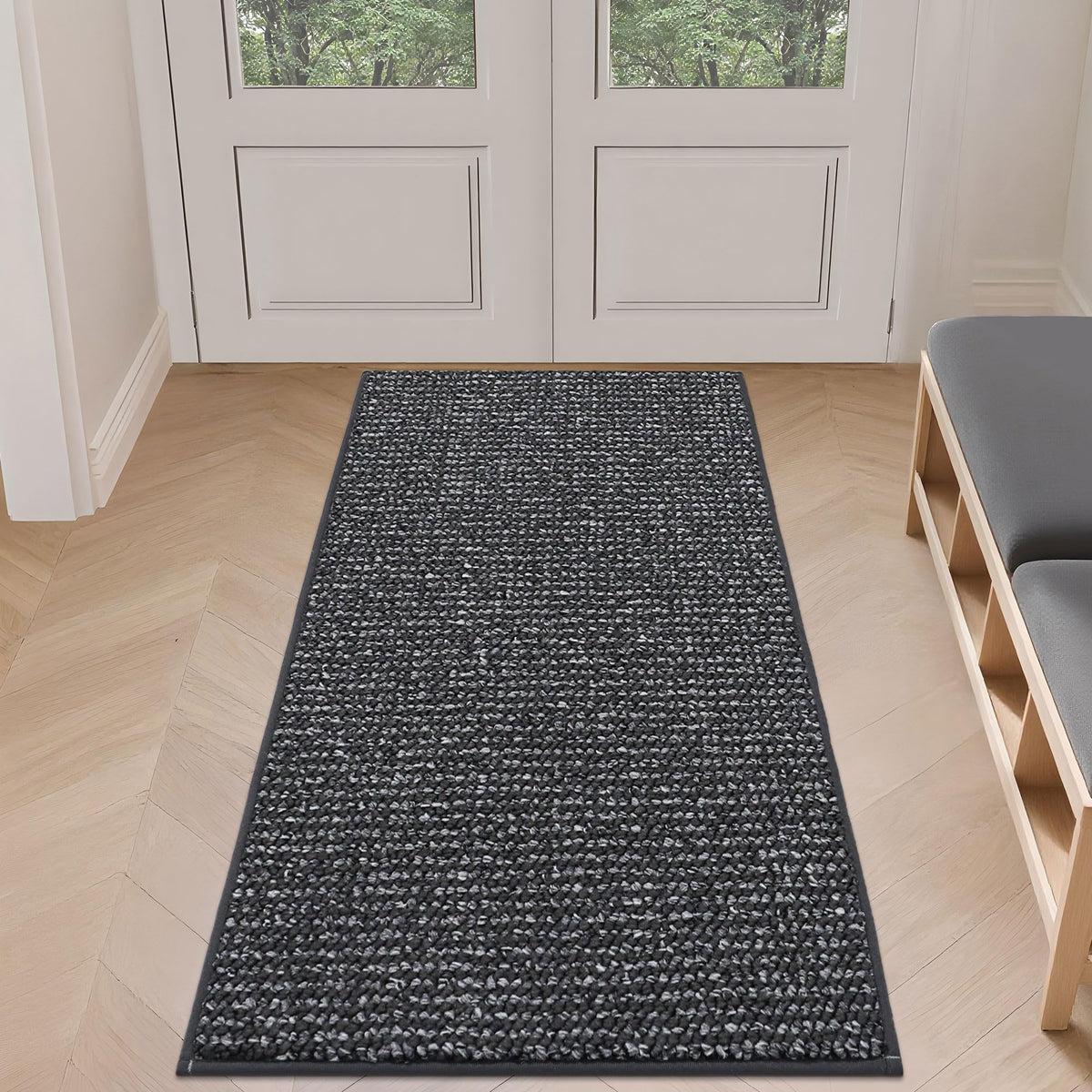 BEQHAUSE Dirt Trapper front view, charcoal mat guards entry floors from mud