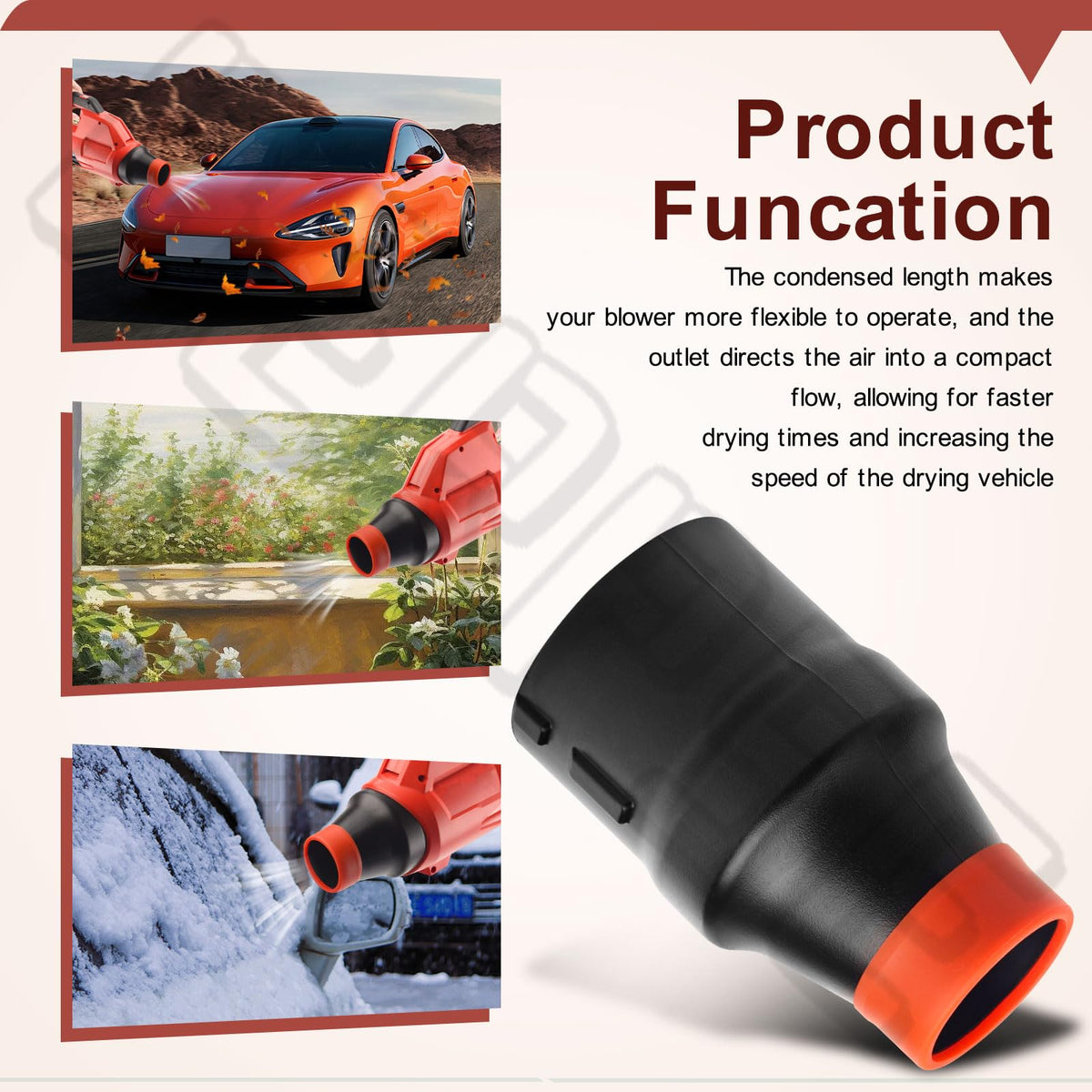 Tool-free installation into blower mouth for quick setup.