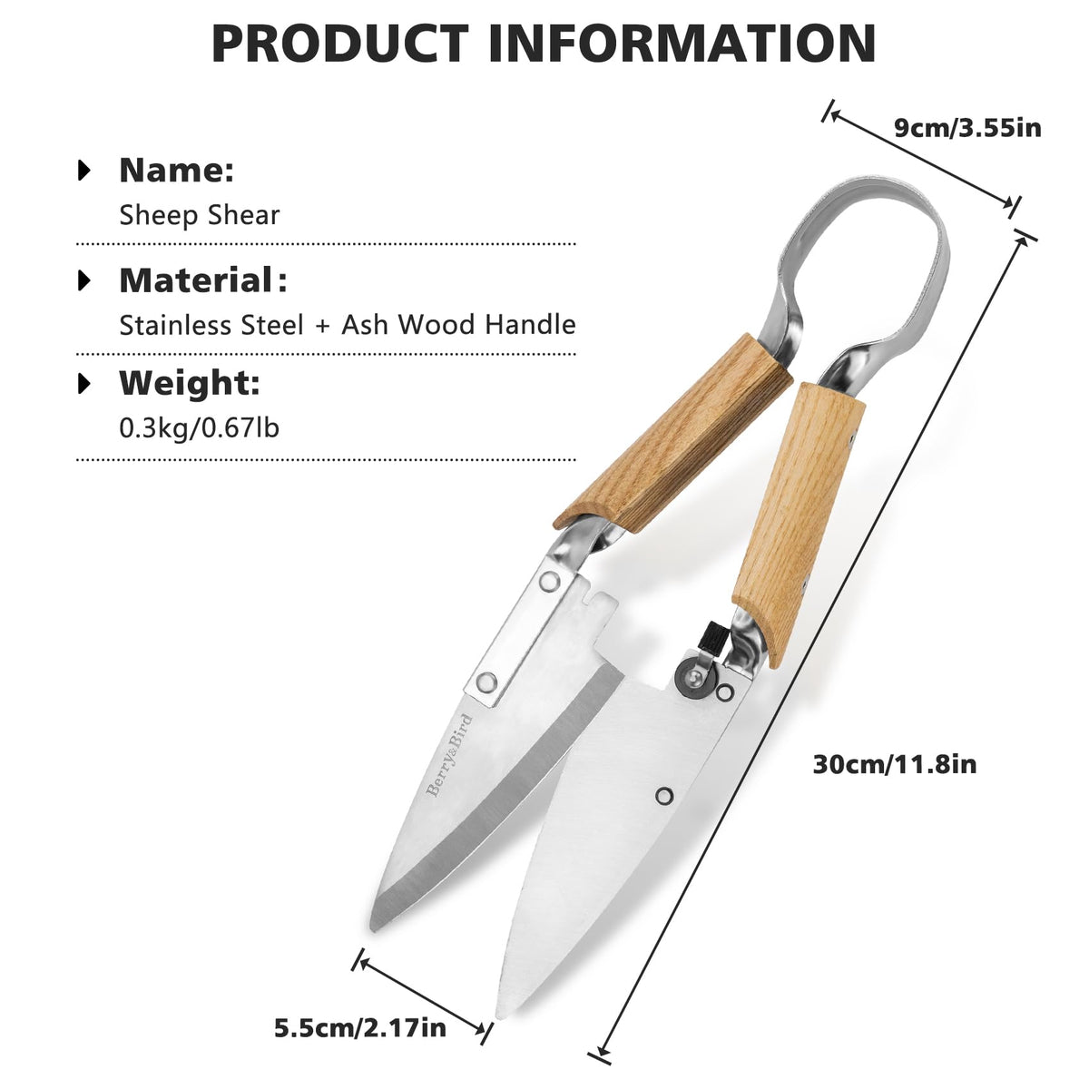 Berry&Bird hand shears show ash wood handle for comfortable grip during use.