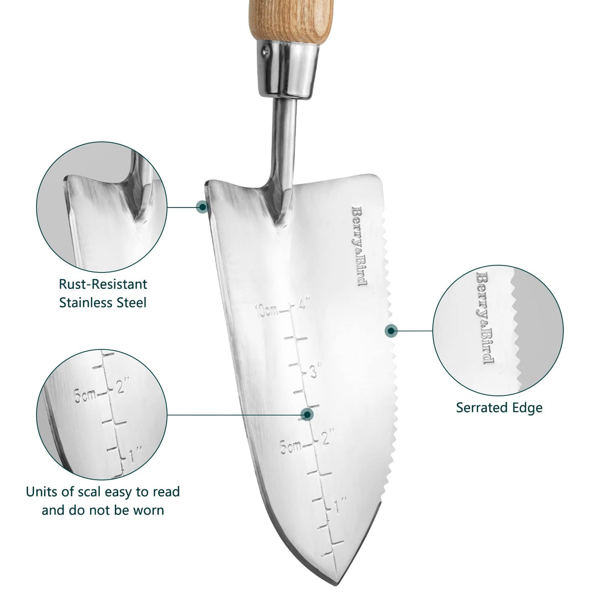 Berry&Bird serrated trowel with ash wood handle for comfortable digging