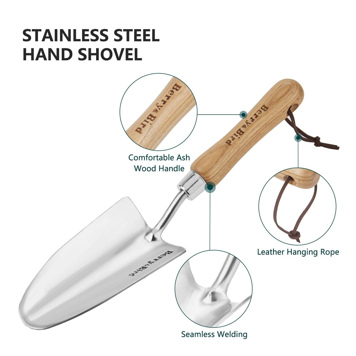 Berry&Bird ash wood handle trowel provides comfortable grip during long gardening sessions