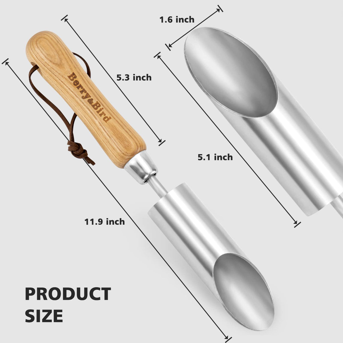 Berry&Bird bulb planter tool close-up shows rugged multi-use design
