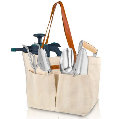 Berry&Bird garden tool bag front view with ample pockets for quick access to tools.