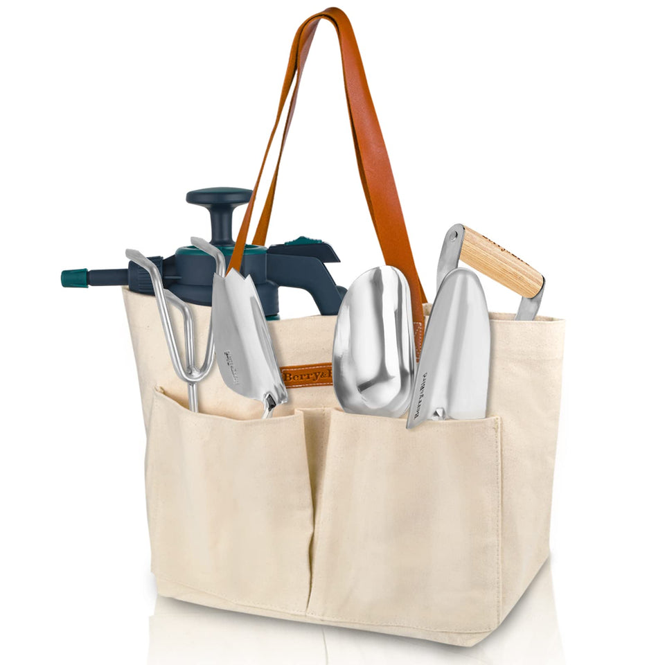 Berry&Bird garden tool bag front view with ample pockets for quick access to tools.