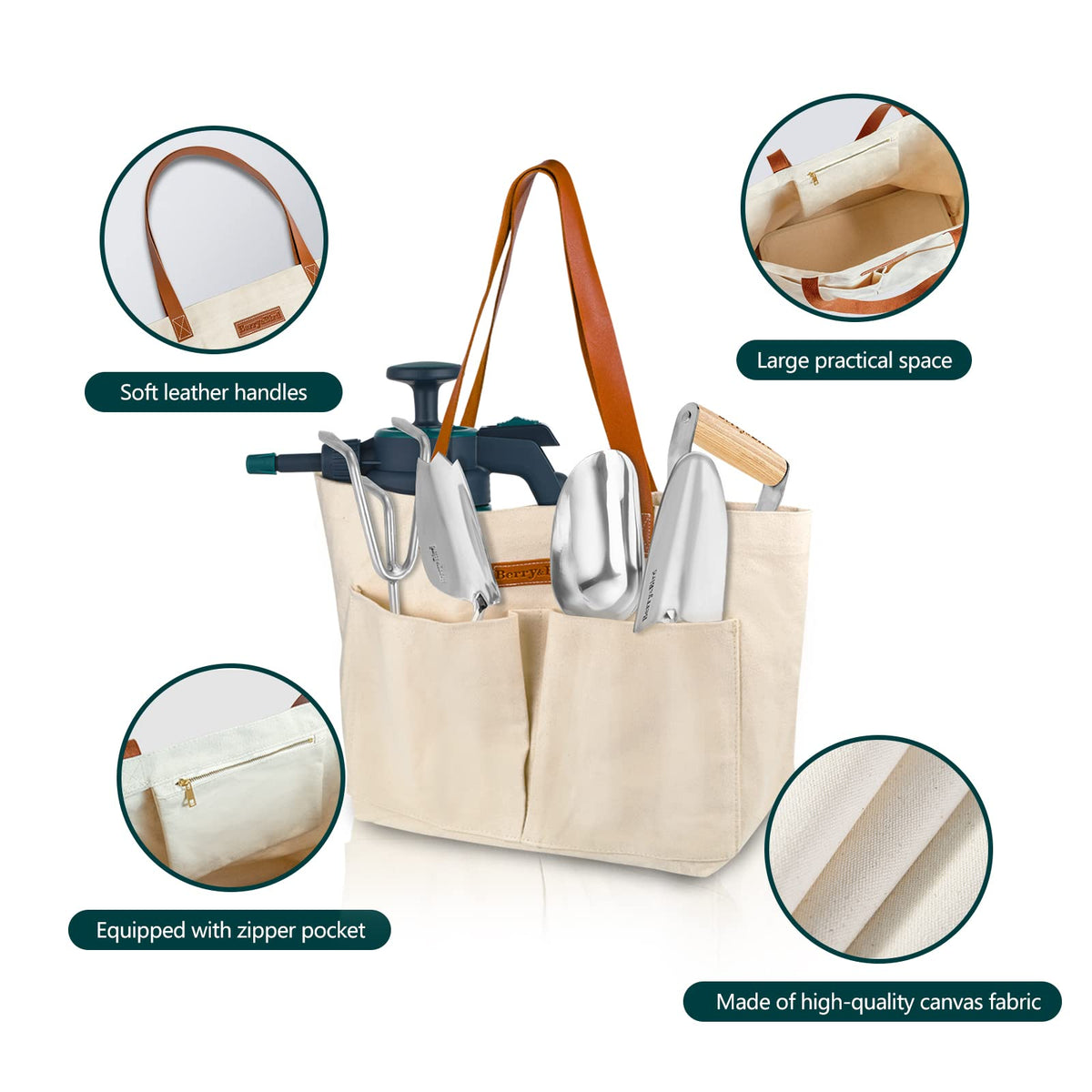 Berry&Bird bag large capacity holds multiple tools and accessories for extended gardening sessions.