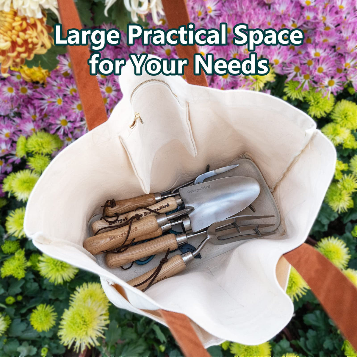 Berry&Bird garden tool bag reinforced base supports upright stance during weeding.