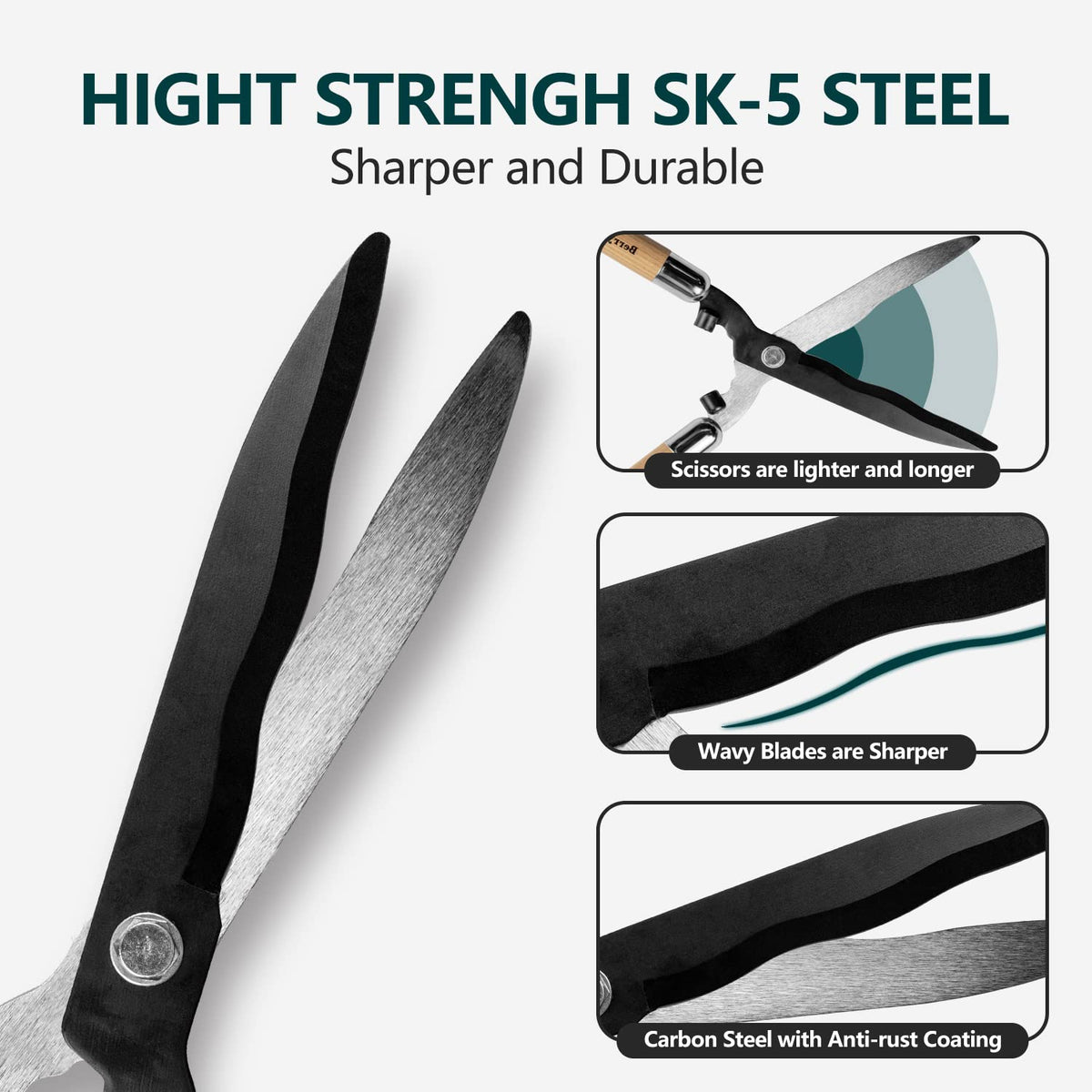 Berry&Bird hedge shears show wavy blades for smooth trimming