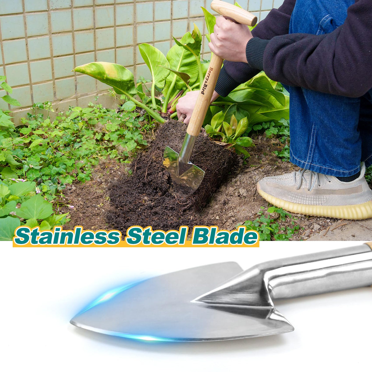 Berry&Bird stainless steel blade close-up with rust resistance for outdoor use.