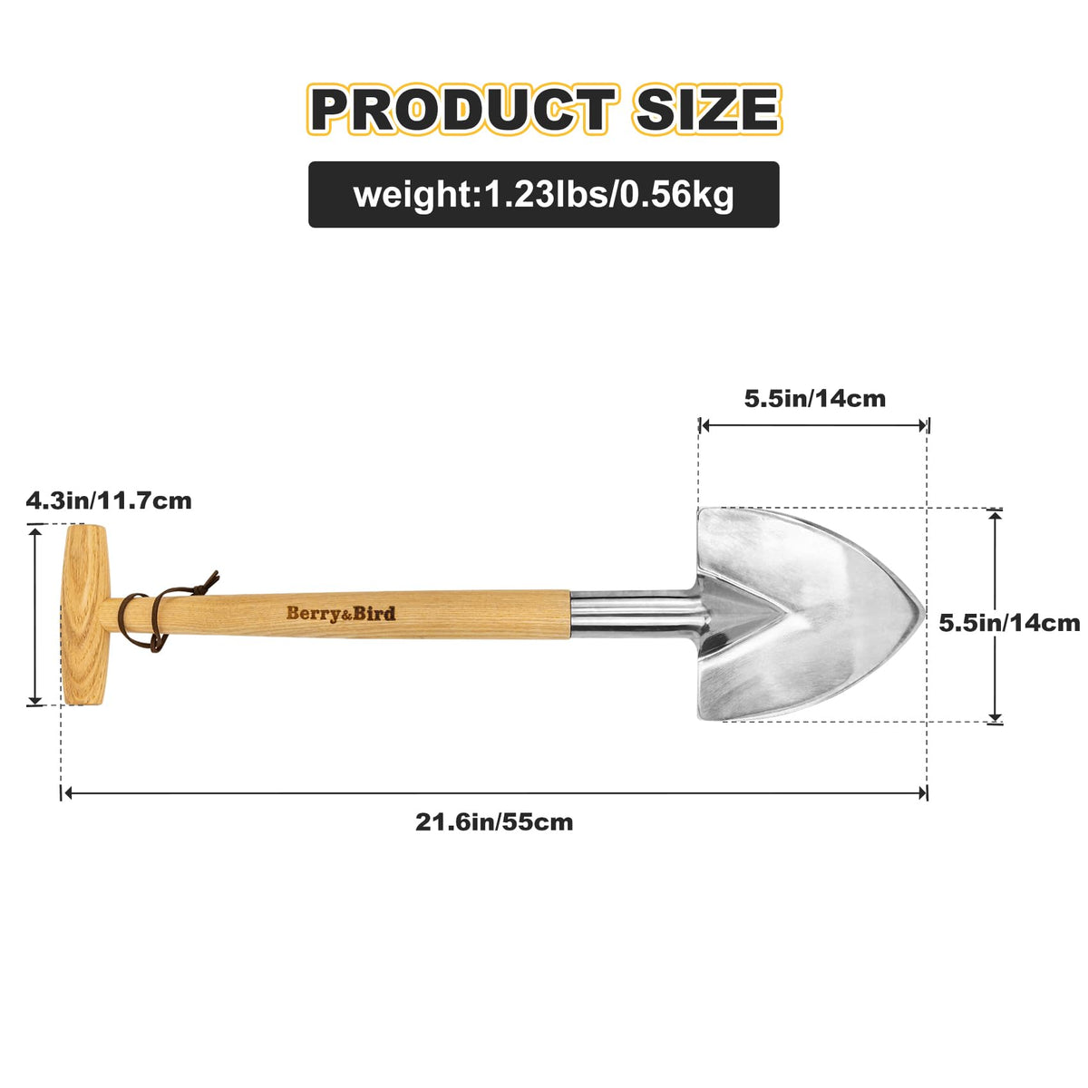 Berry&Bird Perennial Spade wooden handle visible, 21.6-inch length for comfortable digging.