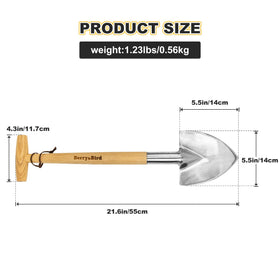 Berry&Bird Perennial Spade wooden handle visible, 21.6-inch length for comfortable digging.