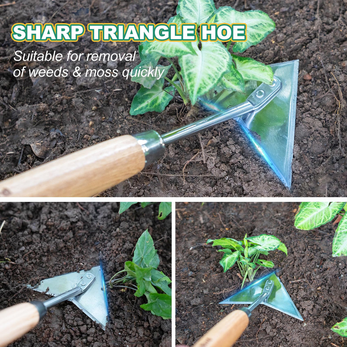 Berry&Bird Triangle Weeder in garden action illustrating efficient weeding and edging.