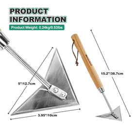 Berry&Bird Triangle Weeder wood handle close-up highlighting ergonomic grip.