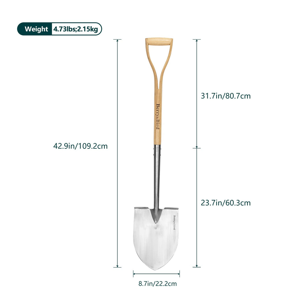 Berry&Bird wooden D-handle garden spade offers comfortable grip.