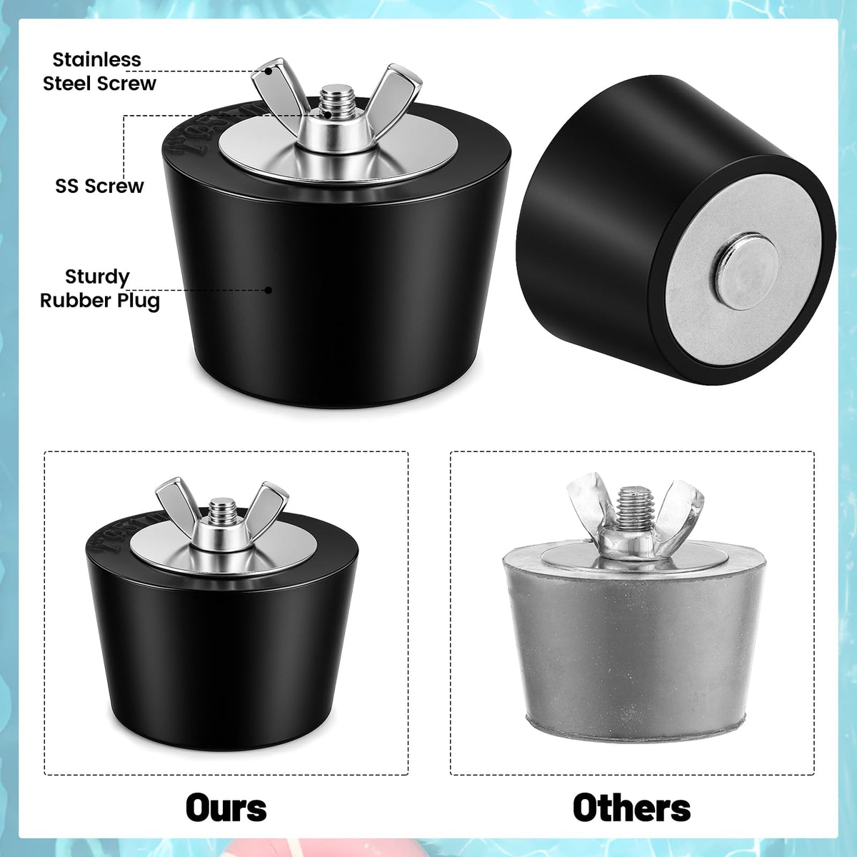 Close-up of BESARME stainless steel wing nut on pool plug for rust resistance