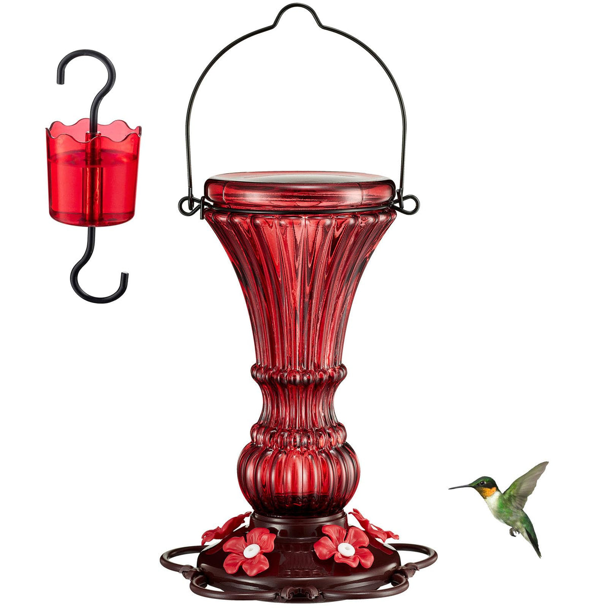 Beserie glass hummingbird feeder outdoors red bottle for easy nectar viewing.