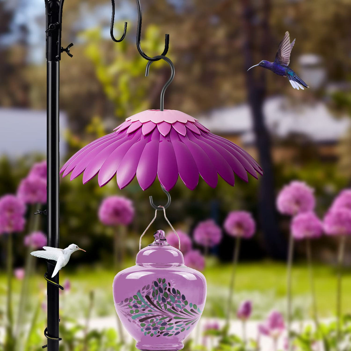 Beserie weather guard protects feeders in rain, sun, and snow.