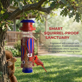 Beserie squirrel-proof mechanism shown on the bird feeder to deter squirrels