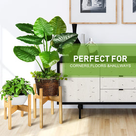 BESHOF bamboo plant stand adjustable rails demonstrates versatile pot sizing