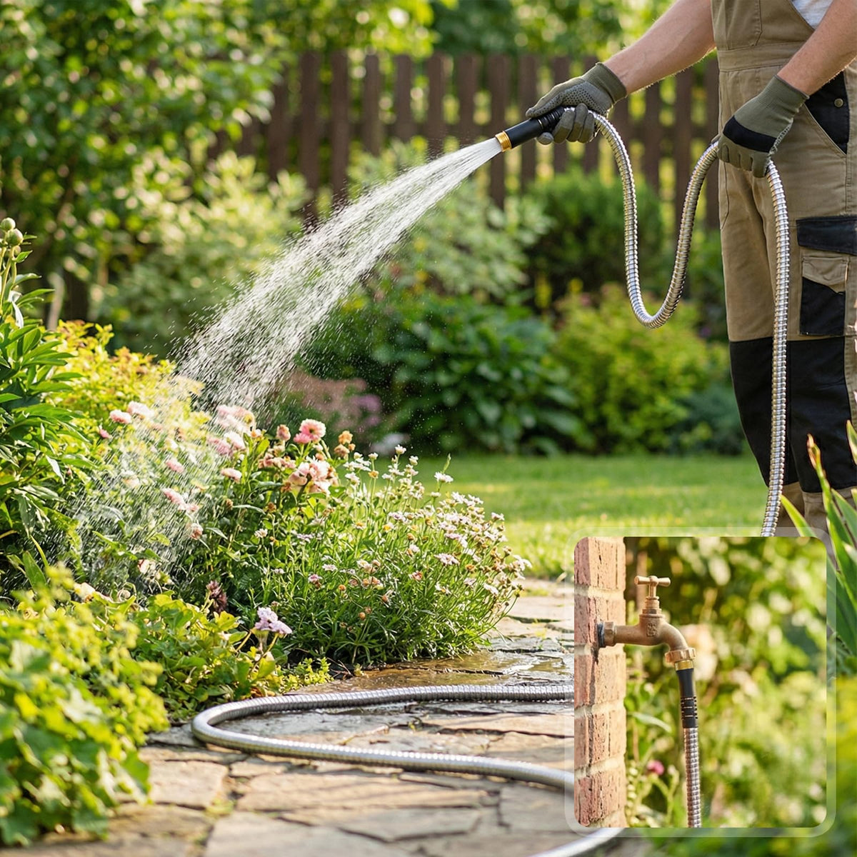 Besiter flexible portable hose glides across grass and pavement.