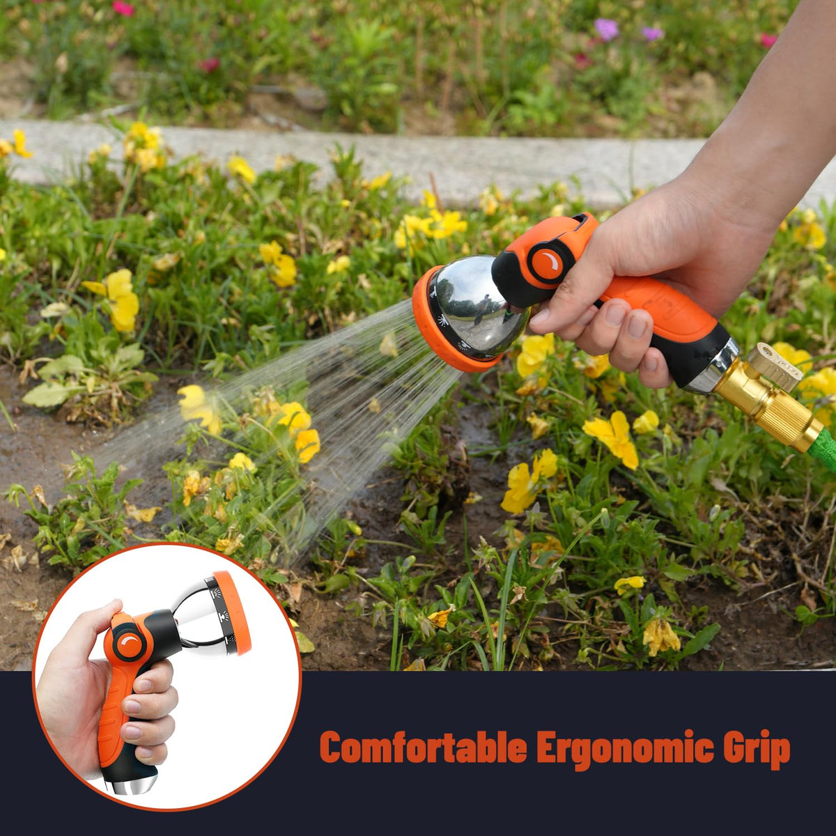 Besiter garden hose nozzle showing 10 pattern spray for versatile tasks