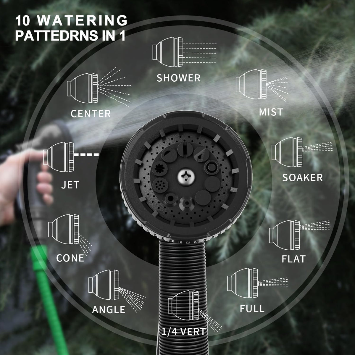 Besiter garden hose nozzle with multi-pattern selector for precise irrigation.