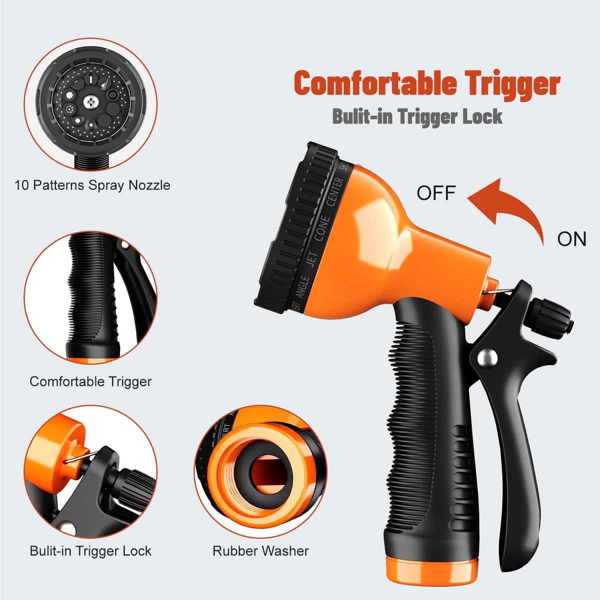 Besiter nozzle showing ten-pattern spray versatility for gardening and cleaning