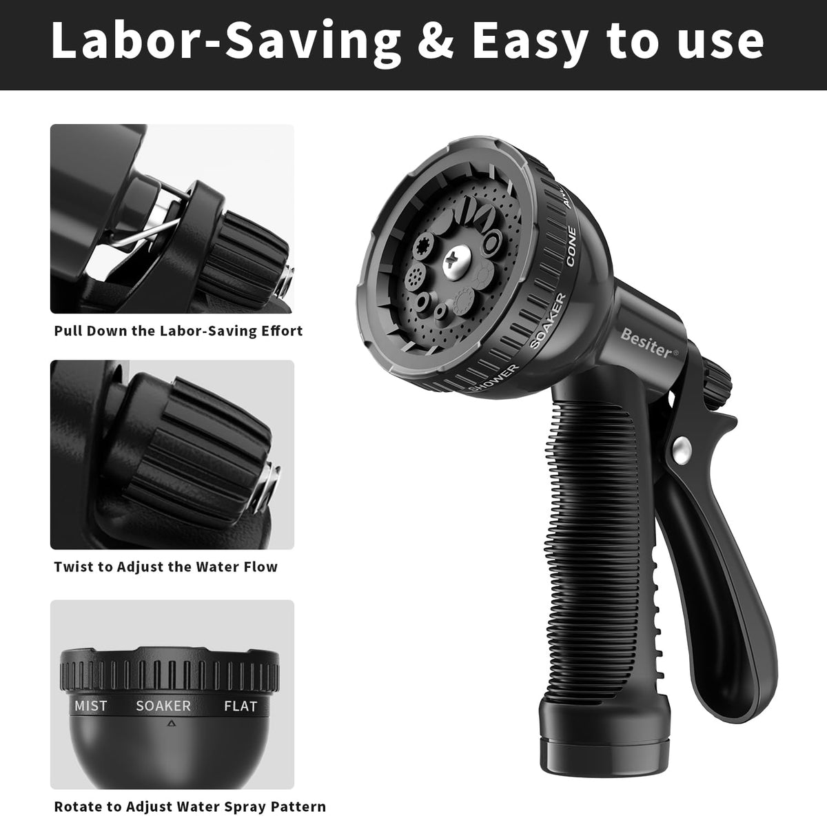 Besiter hose nozzle with ergonomic non-slip grip for long-use comfort.